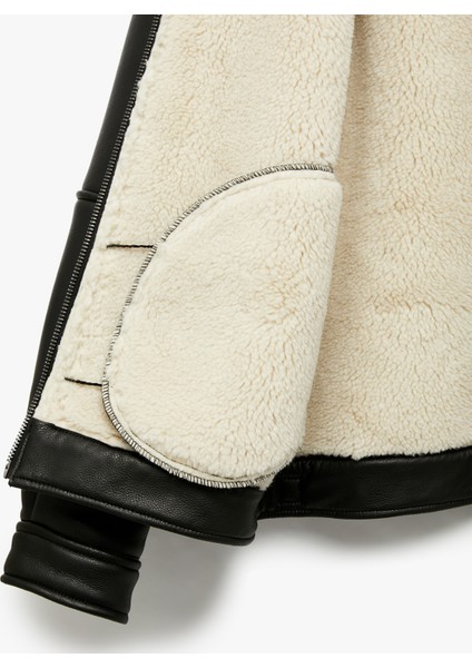 Uzun Kollu Cep Detaylı Fermuarlı Peluş Yaka Suni Deri Ceket