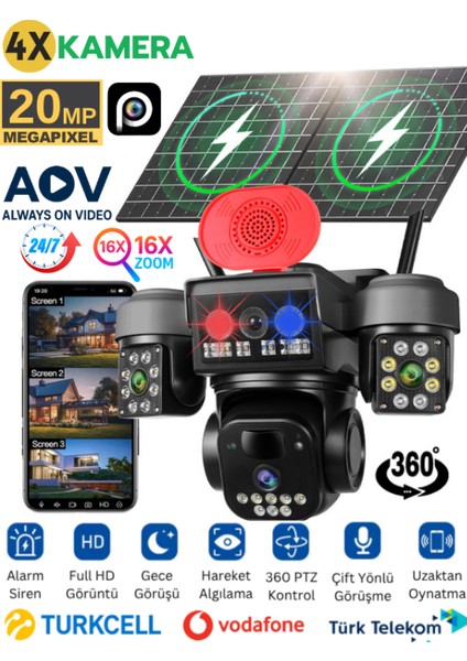 Z7PRO Dual Solar Güvenlik Kamerası AOV 4G Sim Kartlı PTZ Hareketli Gece Görüşlü Güneş Panelli Kamera