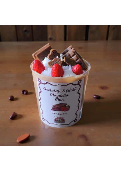 Çikolatalı & Çilekli Magnolia Mum – El Yapımı %100 Soya Wax Kokulu Dekoratif Mum