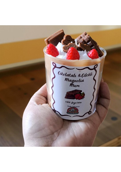 Çikolatalı & Çilekli Magnolia Mum – El Yapımı %100 Soya Wax Kokulu Dekoratif Mum fırsatları