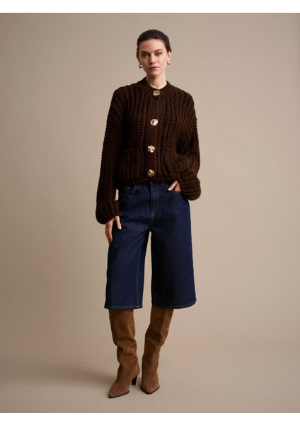 60960 Cep Detaylı Örgü Triko Hırka-Koyu Kahve