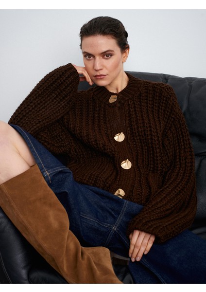 60960 Cep Detaylı Örgü Triko Hırka-Koyu Kahve fiyatları