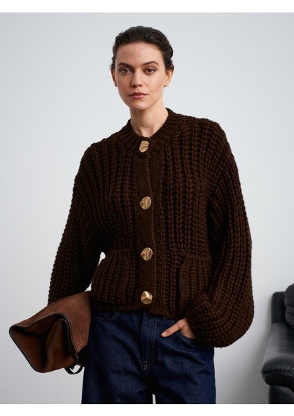 60960 Cep Detaylı Örgü Triko Hırka-Koyu Kahve modelleri