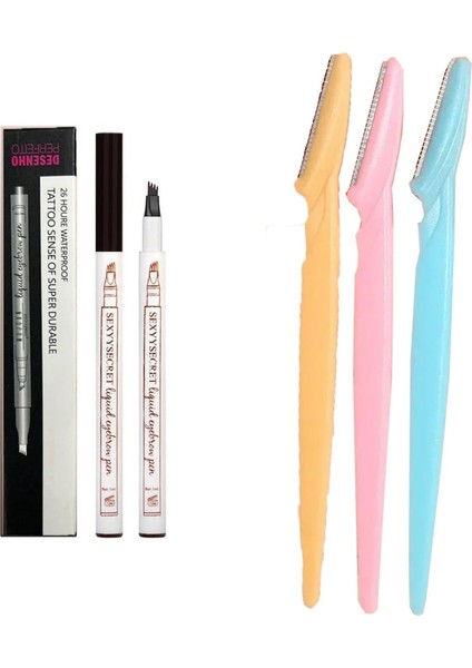 Fine Sketch Siyah Kaş Kalemi Suya Dayanıklı Kalıcı Kaş Kalemi ve 3 Lü Yüz Jileti Kaş Usturası modelleri