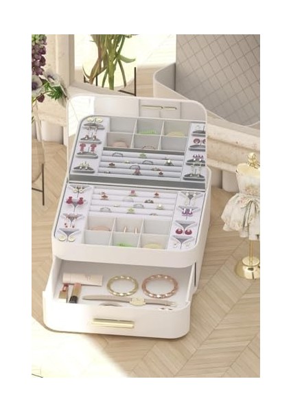 Aynalı Çok Bölmeli Çekmeceli Makyaj Takı Organizer Krem