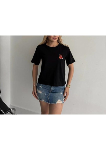 Ayıcıklı Kısa Boy Tişört Kısa Kollu Penye