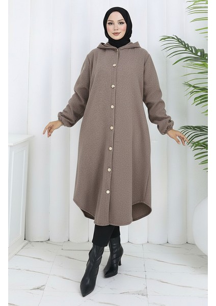 Önden Düğmeli Kapüşonlu Kaşe Kap 0188-03 Vizon