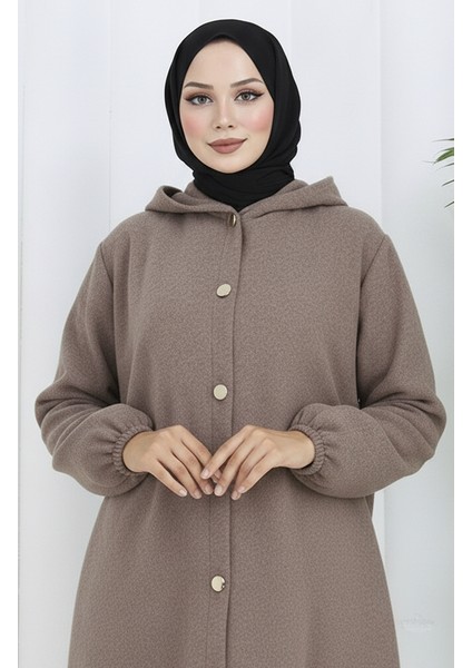 Önden Düğmeli Kapüşonlu Kaşe Kap 0188-03 Vizon fırsatları