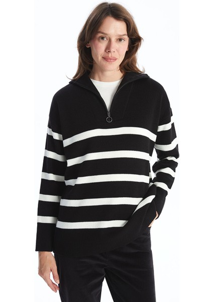 Yeni Sezon Dik Yaka Çizgili Oversize Kadın Triko Kazak