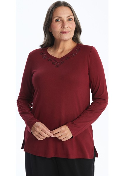 Yeni Sezon Bisiklet Yaka Parlak Taşlı Kadın Bluz