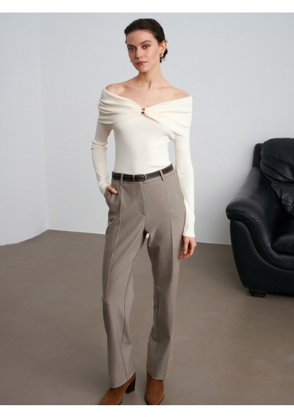 72208 Kemerli Melanjlı Kumaş Pantolon-Taş