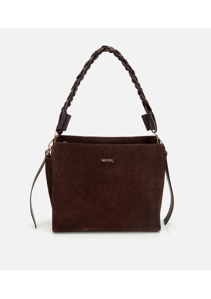 03CAH316250A480 KADIN Süet Deri Kahverengi Örgü Askı Detaylı Omuz Çantası