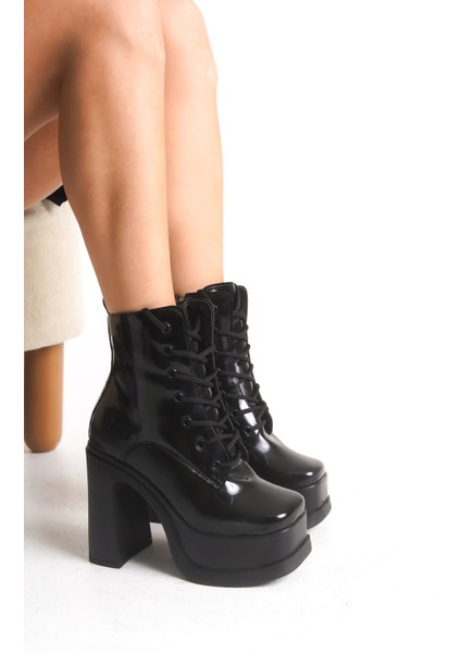 Kadın Rugan Siyah Kalın Taban Platform Yüksek Topuk Bağcıklı Fermuarlı Bot fiyatları