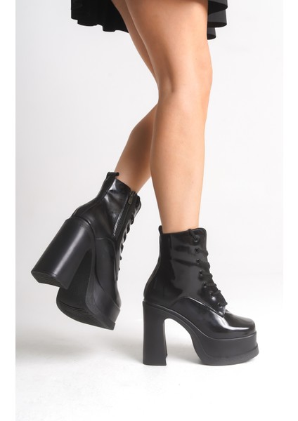Kadın Rugan Siyah Kalın Taban Platform Yüksek Topuk Bağcıklı Fermuarlı Bot fırsatları