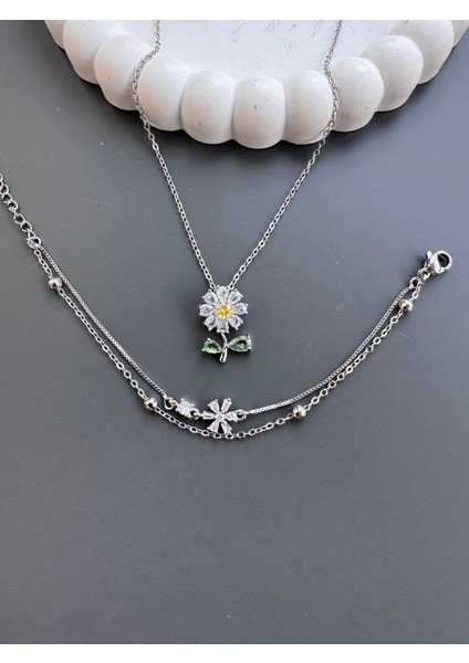 Papatya Kolye Bileklik Seti Çelik