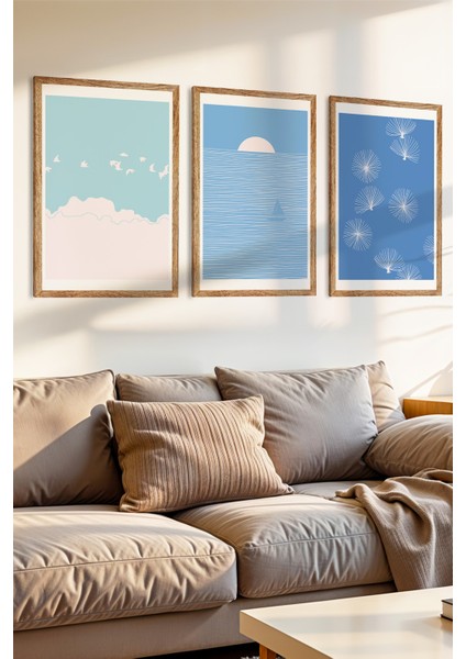 3 Parça Sakin Mavi Konsepli Ahşap Çerçeve Görünümlü Mdf Tablo Seti