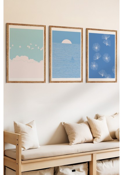 3 Parça Sakin Mavi Konsepli Ahşap Çerçeve Görünümlü Mdf Tablo Seti fiyatları