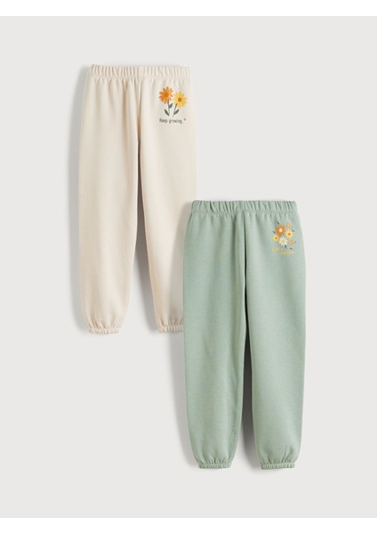 Yeni Sezon Beli Lastikli Çiçekli Kız Çocuk Jogger Eşofman Alt 2'li