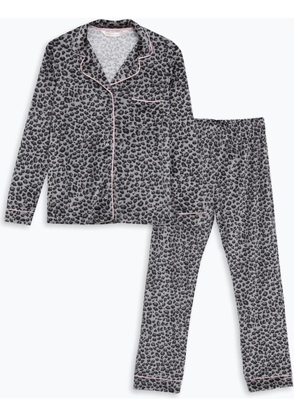 Yeni Sezon Gömlek Yaka Leopar Desenli Kadın Pijama Takımı indirimleri