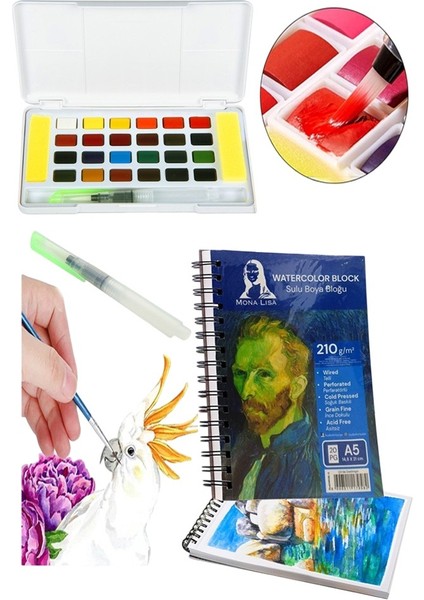 24 Renk Tablet Sulu Boya ve A5 Telli Suluboya Bloğu Kağıdı A5 210GR 20 Yaprak Ince Dokulu Taş Suluboya Plastik Kutulu