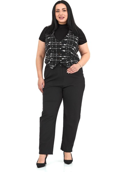 Büyük Beden Düğme Kapamalı Cep Kapaklı Astarlı Kısa Tüvit Simli Siyah Yelek