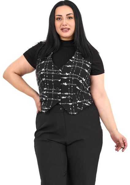 Büyük Beden Düğme Kapamalı Cep Kapaklı Astarlı Kısa Tüvit Simli Siyah Yelek fiyatları