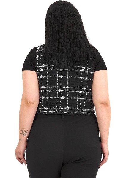 Büyük Beden Düğme Kapamalı Cep Kapaklı Astarlı Kısa Tüvit Simli Siyah Yelek modelleri