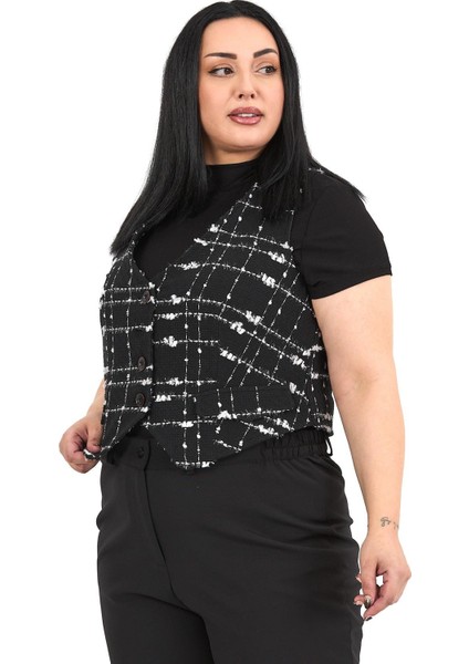 Büyük Beden Düğme Kapamalı Cep Kapaklı Astarlı Kısa Tüvit Simli Siyah Yelek fırsatları