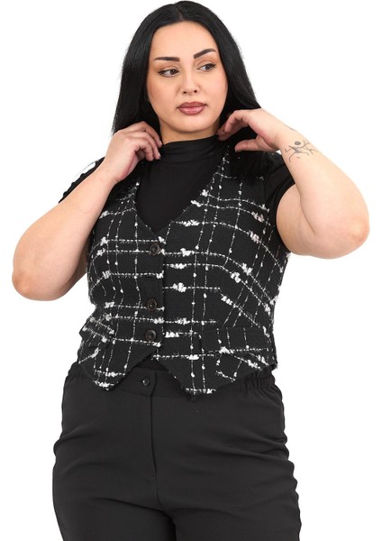 Büyük Beden Düğme Kapamalı Cep Kapaklı Astarlı Kısa Tüvit Simli Siyah Yelek indirimleri