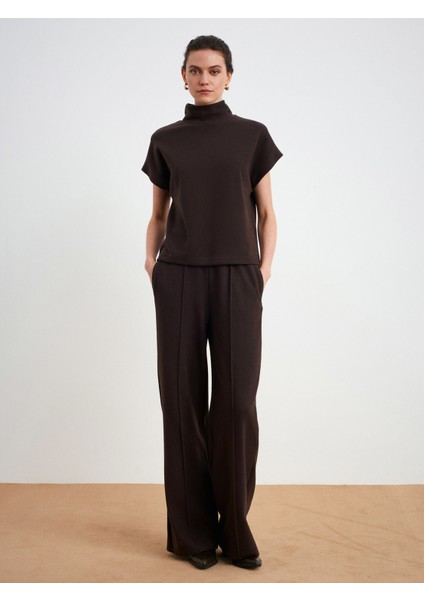 71927 Beli Lastikli Dikiş Detaylı Bol Eşofman-Koyu Kahve