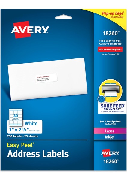 Soyulabilir Basılabilir Adres Etiketleri, Besleme, 1" x 2-5/8", Beyaz, 750 Boş Gönderi Etiketi (18260)