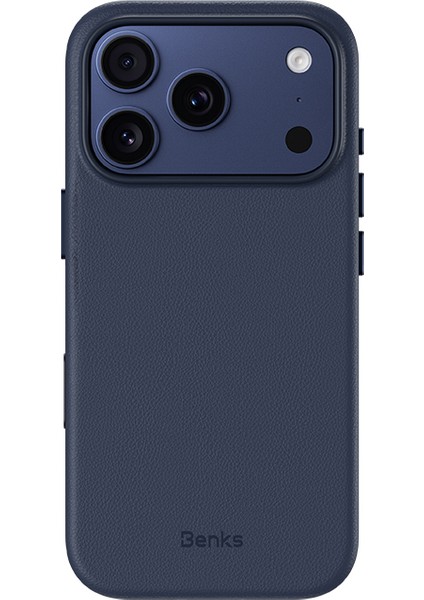 iPhone 17 Pro Uyumlu Kılıf M-Safe Şarj Özellikli Benks Vitapro Serisi Pu Deri Kapak Mavi