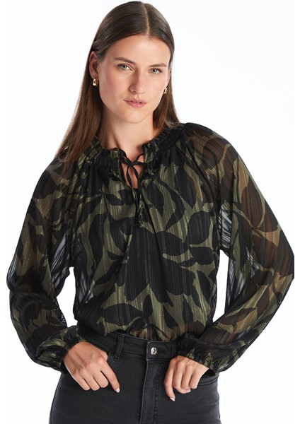 Yeni Sezon Bağlamalı Yaka Desenli Kadın Bluz