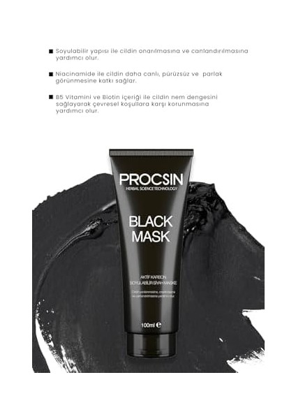 Procsın Black Mask Siyah Maske, Gözenek Arındırıcı & Siyah Nokta Karşıtı, Aktif Kömürlü, Pürüzsüz ve Canlı Cilt Görünümü, 100 ml fiyatları