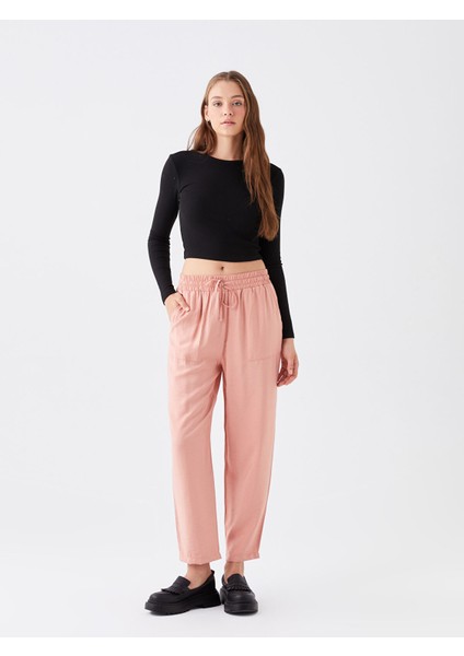 Yeni Sezon Beli Lastikli Rahat Kalıp Keten Görünümlü Kadın Pantolon