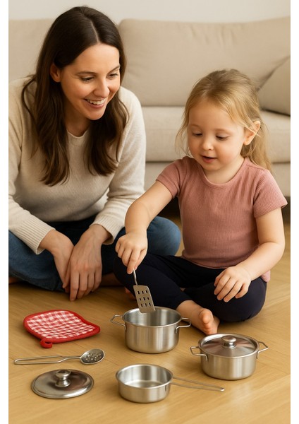 Çelik Gerçekçi Oyuncak Tencere Tava Seti 8 Parça Mutfak Oyun Seti Çocuk Mutfak Gereçleri