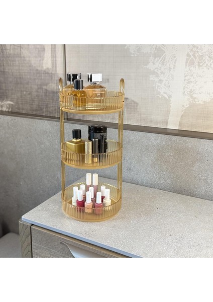 3 Katlı Makyaj Organizeri Kozmetik Aksesuar Düzenleyici Kozmetik Vitrini Yuvarlak (Amber Sarı)