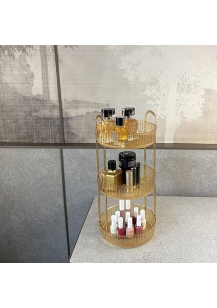 3 Katlı Makyaj Organizeri Kozmetik Aksesuar Düzenleyici Kozmetik Vitrini Yuvarlak (Amber Sarı) fiyatları