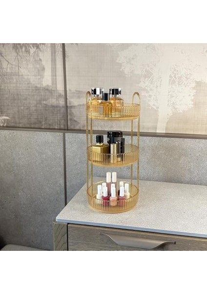 3 Katlı Makyaj Organizeri Kozmetik Aksesuar Düzenleyici Kozmetik Vitrini Yuvarlak (Amber Sarı) modelleri