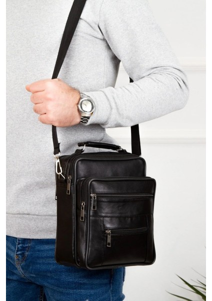 Erkek Hakiki Deri Çapraz Uzun Askılı El ve Omuz Çantası Büyük Boy - Siyah - NEW360