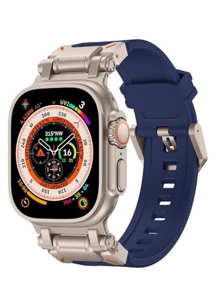 Ile Uyumlu Ultra 49MM KRD-101 Titanyum Metal Başlıklı Silikon Kordon Mavi-Titanyum fiyatları