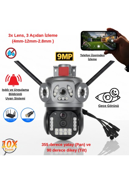 Apronx 9mp 10X Zoom Wifi Kamera | 3 Lens Üçlü Görüş Ptz Güvenlik Kamerası | Dış Mekan Su Geçirmez