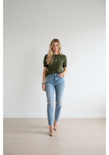 Kadın Bisiklet Yaka Yumuşak Dokulu Kısa Kollu Şardonlu Yünlü Triko Kazak fiyatları