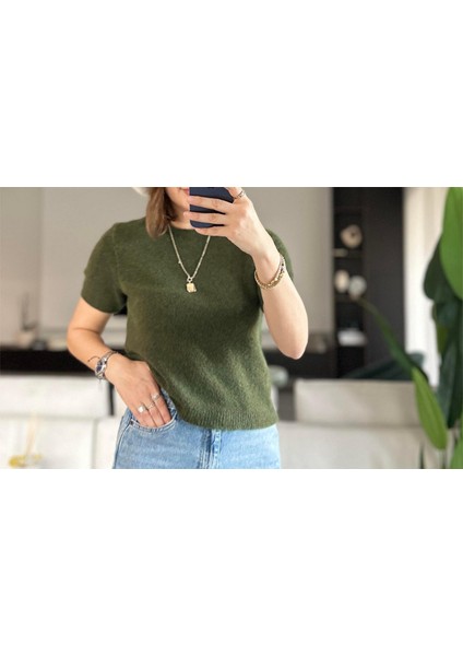 Kadın Bisiklet Yaka Yumuşak Dokulu Kısa Kollu Şardonlu Yünlü Triko Kazak modelleri