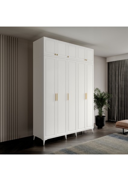 Milas Gold 5 Kapaklı Komple Mdf Ayaklı Yüklüklü Gardırop - Elbise Dolabı - Yüklük Dolabı
