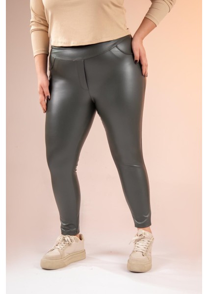 Kadın Büyük Beden Deri Haki Tayt