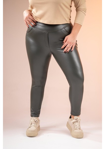 Kadın Büyük Beden Deri Haki Tayt modelleri