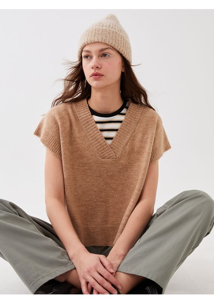 Yeni Sezon Kadın V Yaka Düz Triko Süveter