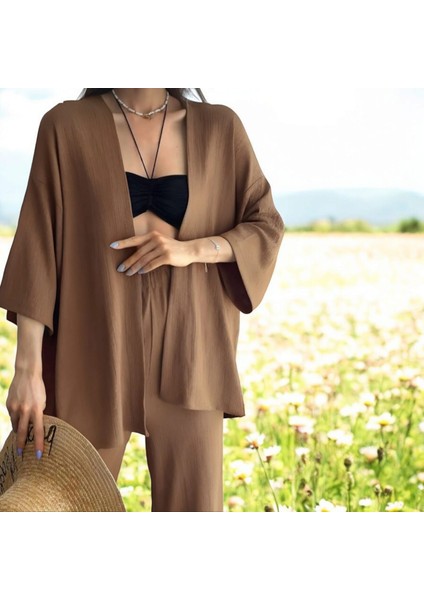 Camel Rengi Kadın Ikili Kimono Takım modelleri