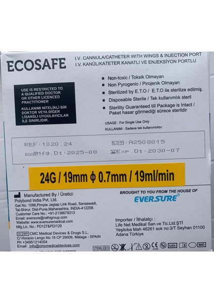 Intraket (Branül ) Anjiyokat I.v Kanül Sarı (24G) 1 Kutu 100'LÜ Paket modelleri